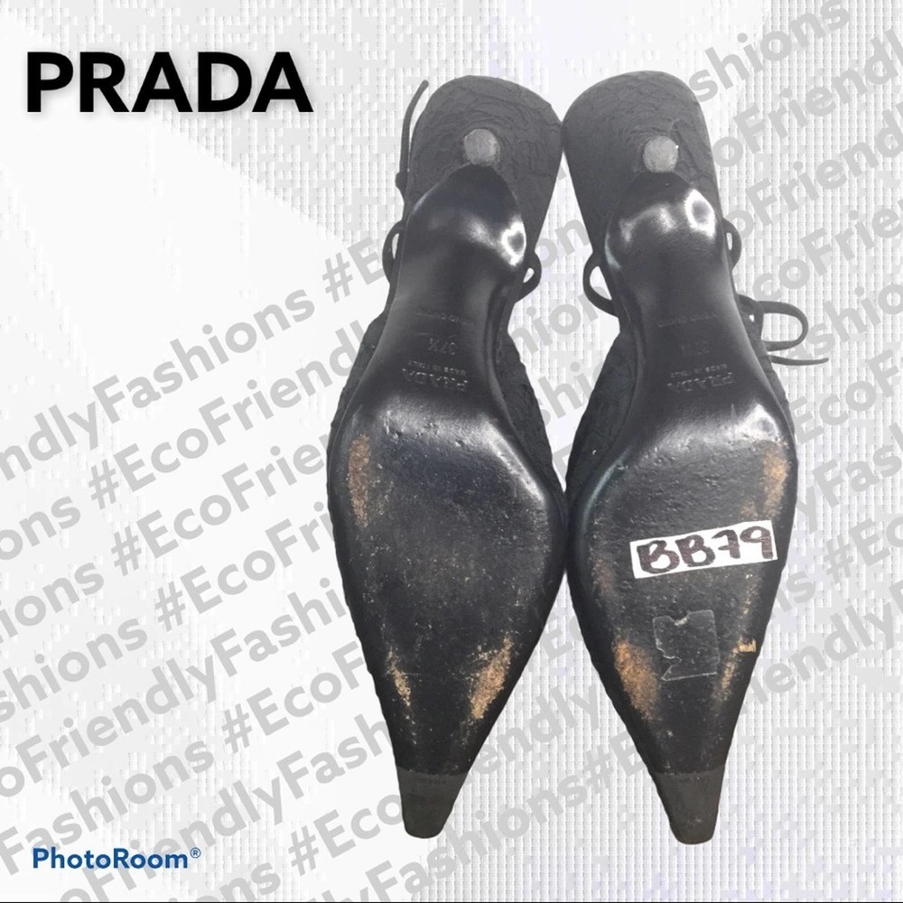 Prada Black Flower Lace Slingback Pumps Lux0** - Picture 7 of 12